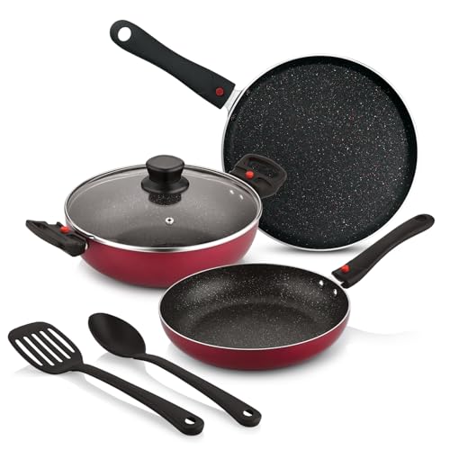 Image of Bergner Sherry Plus 5-Layer Non-Stick Coating 6 Pcs Cookware Set with Induction Bottom and Detachable Handle, 24cm /2.5L Kadai with Lid, 24cm /1.6L Frypan, 25cm Dosa Tawa, 2 Nylon Spatulas (Maroon)