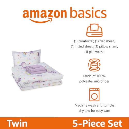 Image of Amazon Basics 5-Piece Soft, Easy-Wash Microfiber Kid's Bed-in-a-Bag Bedding Set with Sheet and Comforter, Twin, Unicorn Print