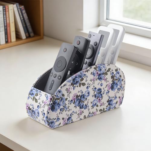 Remote Control Holder with 5 Compartments,PU Leather Remote Holder Compatible with Fire TV Remotes, Media Player Remotes, Heater Controllers, and Air Conditioner Remote Controls(Blue-flowering)