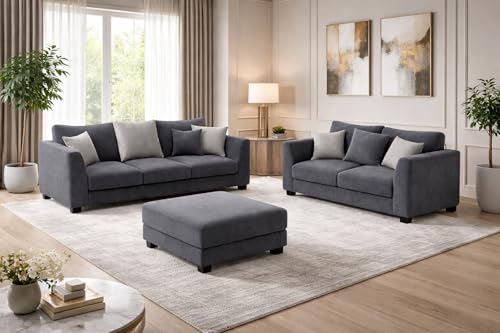 Image of SOCOZI Trevano 3+2 Seater Fabric Sofa Set with Ottoman | Soft Velvet Suede Upholstery | Modern Living Room Furniture (Dark Grey-Light Grey)