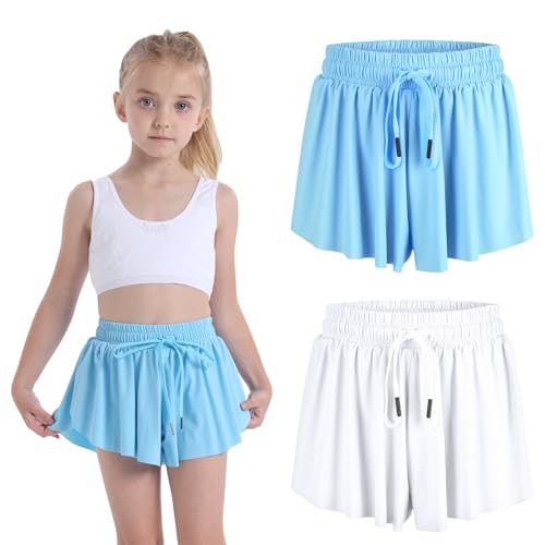 2PCS Girls Flowy Butterfly Shorts 2 in 1 Youth Cute Athletic Shorts with Pockets for Fitness Running Sports Dance