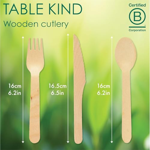 Table Kind 150 x Großpackung Besteck aus Holz, biologisch abbaubar, Messer, Gabeln, Löffel, perfekt für Geburtstagspartys, Camping… – Ansicht 5