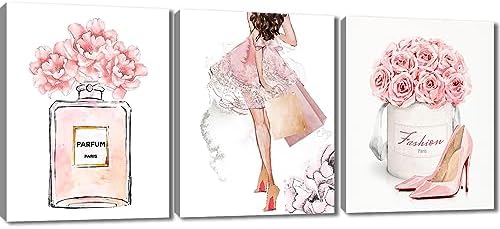 Fashion Wall Art Framed Makeup Wall Decor /Pink Beauty Canvas Prints Poster /3 Panels Colorful Parfum High Heel Flower Picture / Wall Decoration for Girls Women Room Decor (12x16IN(30X40CM)Framed)