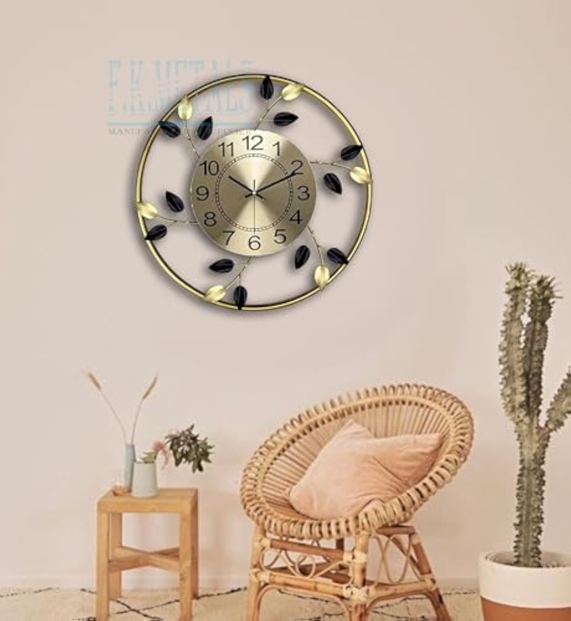 Luxury Black & Gold Leaf Pattern Wall Clock for Home