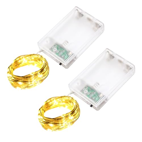 LQWELL 2 Piezas Guirnalda de luces LED de 2 m y 20 LED, mini luces a pilas, impermeable, de alambre de cobre, blanco cálido, 2 modos para Navidad, bodas, festivales, fiestas y decoración