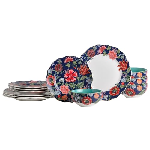 222 Fifth Chintz 12-Piece Porcelain Dinnerware Set – Service for 4, Parisian Blue Floral with Gold Rim, Perfect for Everyday Dining & Entertainment, Microwave & Dishwasher Safe