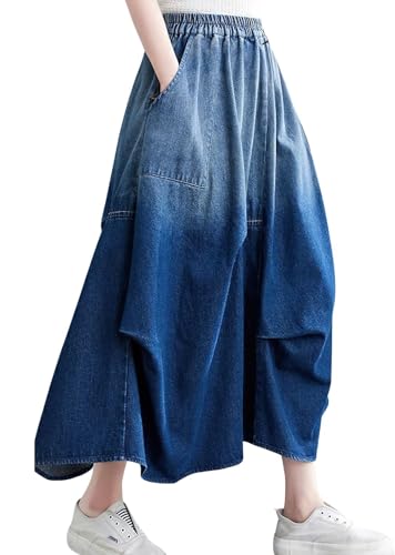 chouyatou Women's 2024 Ruched Midi Long Denim Skirt Casual A-Line High Waist Pleated Jean Skirt