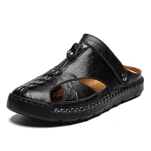 ChicWind Men's Handmade Zipper Leather Sandals Outdoor Hollow Hole Anti-Slip Slippers2