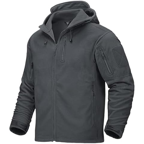 CRYSULLY Mens Fleece Jacket Coat Military Hoodie Winter Warm Zip Up Coat with Multi Pockets Grey XL Cover