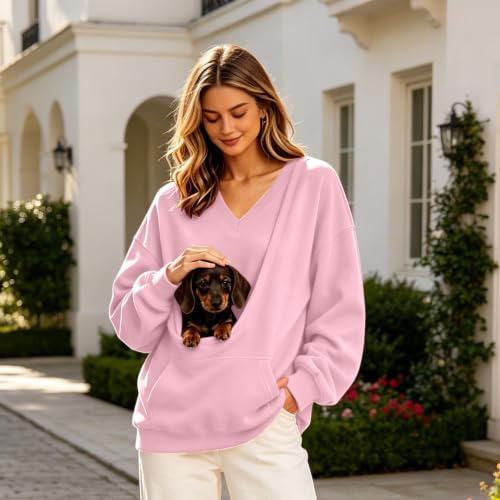 V Neck Sweatshirt with Dog Pouch Women Pet Carrier Pullover Kangaroo Pocket - image 3