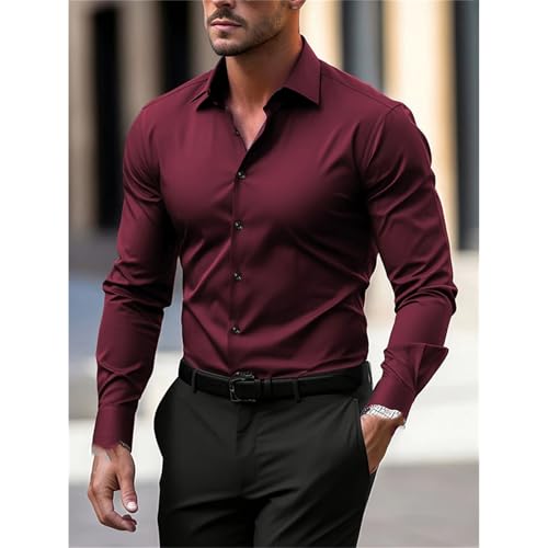 Men's Business Button Down Shirt Solid Color Long Sleeve Vacation Casual Button-Down Shirts4