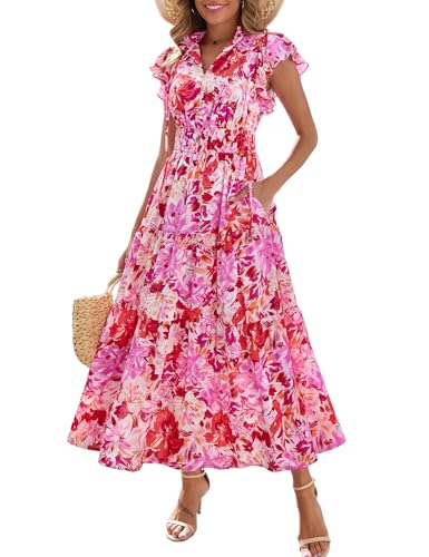 Kranda Summer Dress 2025 Fall Self-tie V Neck Ruffle Short Cap Sleeve Empire Waist Casual Long Tiered Beach Floral Boho Rose Red Floral Maxi Dress with Pockets L