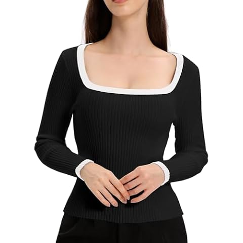 CosySun Women Slim-Fitted Sweater Tops - Casual Basic Square Neck Sweater - Long Sleeve Color Block Knit Top Ribbed Tee Shirt Black Cover