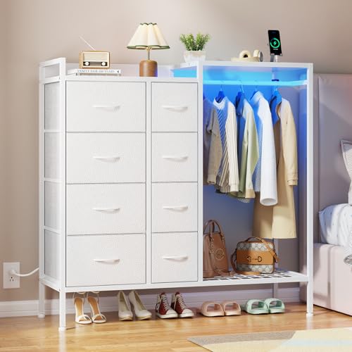8-Drawer Dresser with Hanging Rack, Dresser for Bedroom with Charging Station & LED Lights, 42″ W Dressers with Wooden Top for Clothes Storage, Fabric Chest of Drawers for Bedroom, White