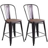 COSTWAY Copper Set of 2 Tolix Style Metal Dining Chairs with Wood Seat Stackable Industrial Cafe Sid