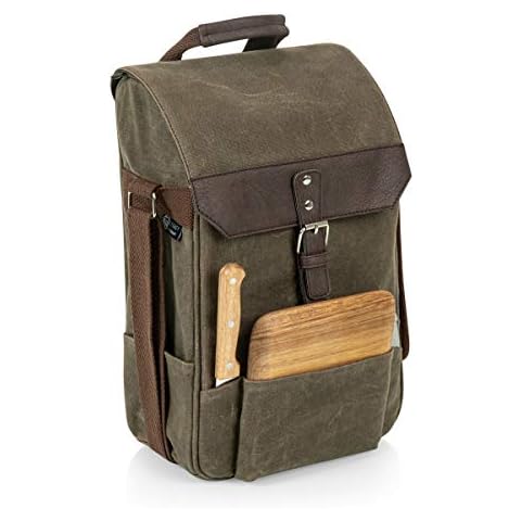 PICNIC TIME 2 Bottle Insulated Wine Bag with Cheese Board and Knife Set - Wine Picnic Bag - Distressed Waxed Canvas Wine Tote, (Khaki Green with Brown Accents) Cover