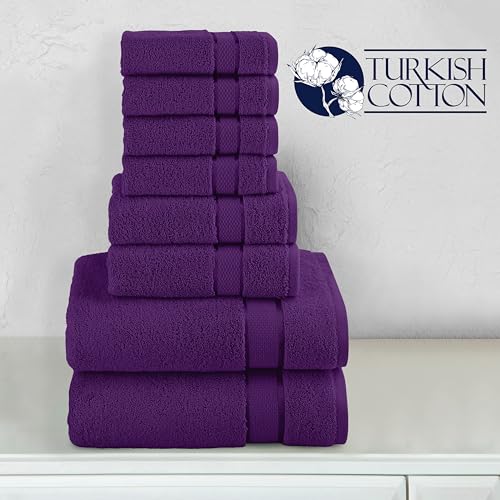 Image of Elegant Comfort Premium Cotton 8-Piece Towel Set, Includes 4 Washcloths, 2 Hand Towels and 2 Bath Towels, 100% Turkish Cotton - Highly Absorbent and Super Soft Towels for Bathroom, Purple