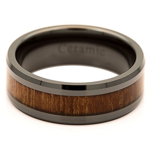 8mm Black Ceramic Wedding Band Natural Acacia Koa Wood Inlay Comfort Fit Ring Size 102