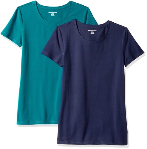 Amazon Essentials Women's Regular-Fit Short-Sleeve T-Shirt (Crewneck and V-Neck Options), Pack of 2, Navy/Teal Green, S