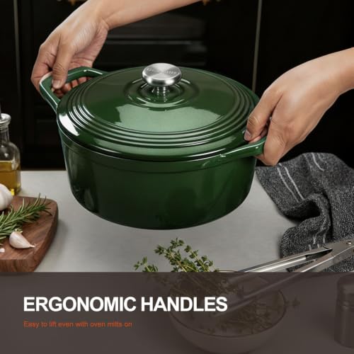Image of Overmont Enameled Cast Iron Dutch Oven - 5.5QT Pot with Lid Cookbook & Cotton Potholders - Heavy-Duty Cookware for Braising, Stews, Roasting, Bread Baking Bamboo Shadow