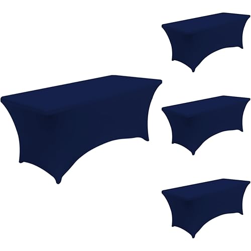 HAORUI Spandex Tablecloth 6FT 4Pack Navy Blue Thick,Soft,Vibrant Color,Wrinkle Resistant Stretch Rectangular Patio Luxe TableCover for Art Event,Wedding,Award Ceremonies,Meetings,Banquet & Parties