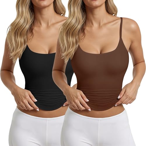 2 Pack Womens Cami Tank Scoop Neck Spaghetti Strap Tank Tops Basic Tight Camisole Shirts