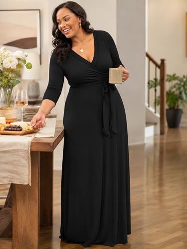 Image of PinkPatty Plus Size Maxi Dress for Women 3 /4 Sleeve Casual Long Dress | Soft stretchy fabric, functional pockets, flattering wrap v neck for vacation, casual wear and everyday styling