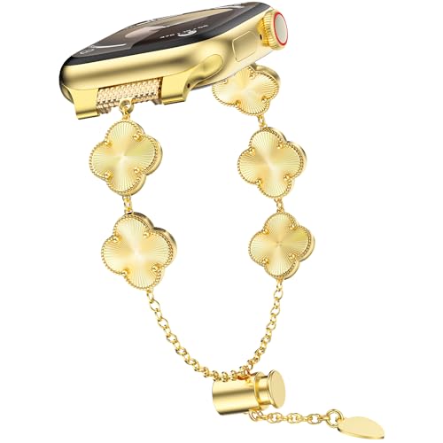 YMHML Clover Band Compatible for Apple Watch Bands for Women 42mm 41mm 40mm 38mm Adjustable Bracelet Lucky Laser Clover Dressy Jewelry Metal Straps for iWatch Series 10 9 8 7 6 5 4 3 SE Ultra Gold