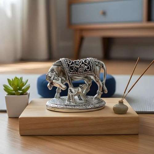 Image of 999 Pure Silver Plated Kamdhenu Cow with Calf Idol | Auspicious Vastu Home Decor for Pooja Room & Mandir | Symbol of Prosperity & Abundance | Religious Gift Showpiece