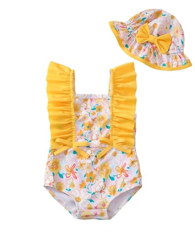 Image of Toddler Girl Swimsuit Baby Girl Bathing Suit Long Sleeve Floral Zipper One-Piece Rash Guard Swimsuit with Hat