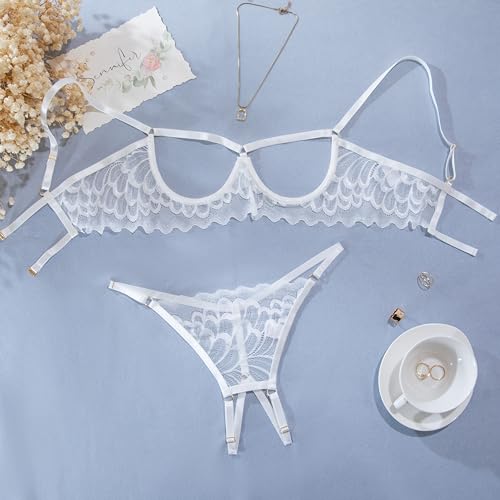 Image of Lilosy Sexy Underwire Floral Lace Sheer Lingerie Set for Women See Through Bra and Panty 2 Piece
