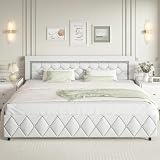 BarnFurin King Size Bed Frame and Headboard, Faux Leather Upholstered Bed with Diamond Tufted Design, Modern Platform Bed Frame with Wooden Slats Support, No Box Spring Required, Easy Assembly, White