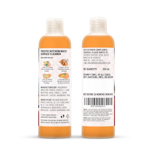 Image of Amazon Brand - Presto! Kitchen Multi Surface cleaner | 1.1 L | 550 ml x Pack of 2| Removes Tough Stains | Refreshing Fragrance | Suitable For All Kitchen Surfaces, Tiles, Marbels, Cabinets