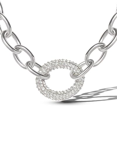 Jessica Simpson Chunky Necklace for Women, Silver-Tone Thick Chain Necklace with Crystal Pendant, Silver Jewelry