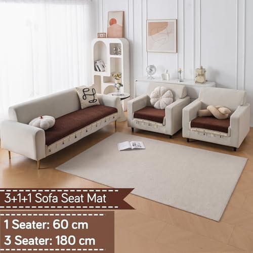 Image of HOKIPO 'Serenity Tassel' Chenille Sofa Cover 5 Seater Set with Tassels - Washable 3+1+1 Sofa Cover Mat | Chestnut Luke (IN-890 * 2 + IN-892 - BR)