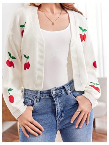 SHENHE Girl's Cherry Cardigan Open Front Embroidered Lantern Sleeve Cropped Cardigan Sweater3