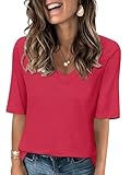 Minetom Women's V Neck T Shirts Casual Half Sleeve Tops Basic Summer Tees A Red