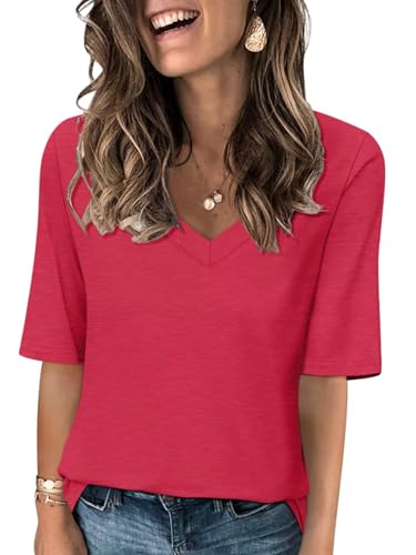 Minetom Women's V Neck T Shirts Casual Half Sleeve Tops Basic Summer Tees A Red