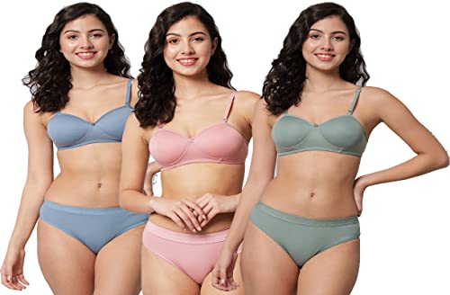 Image of Women's Cotton Lightly Padded Wire Free Bra Panty Lingerie Set Honeymoon Bikni Set for Girl's Combo Pack of 3