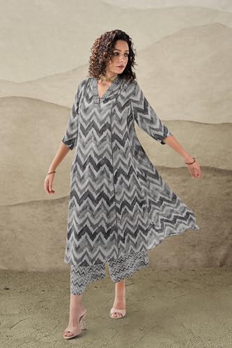 Toochki Dress For Women | Two Piece Dress For Women Long | Dress | Maxi Dress For Women | Dresses | Zig Zag Printed Dress | Cotton Dress For Women | Flared Dress | Dress With Palazzo For Womens Grey