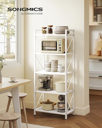 Image of SONGMICS 5-Tier Steel Storage Rack, Shelving Unit with X Side Frames | Dense Mesh, 12.6 x 23.6 x 57.3 Inches, for Entryway, Kitchen, Living Room, Bathroom, Cloud White UBSC165W01
