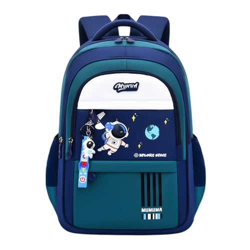 Space Rucksäcke für Jungen Mädchen Schultaschen mit Astronauten-Anhänger, A01-dunkelblau + grün, M