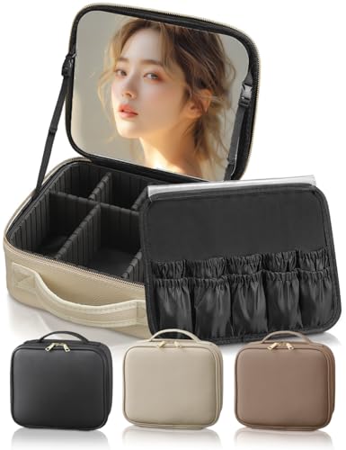 メイクボックス 鏡付き 【美肌セラピスト監修】大容量 プロ仕様 11インチミラー 持ち運び 取っ手付き おしゃれ 可愛いコスメ収納 化粧箱 コスメケース ANNOPE (シボレザー, アイボリー)