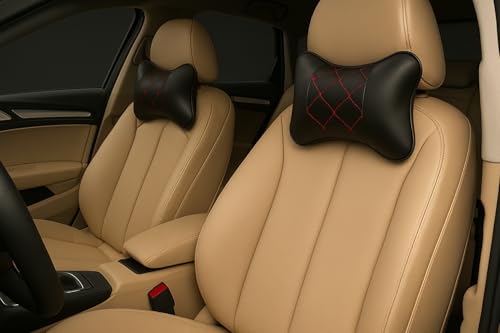 Image of Leather Car Neck Pillow for Travel, Travel Micro Fiber Rest Pillow /Cushion Set of Pillows Compatible with All Cars - Pack of 2 Pieces (Red Black)