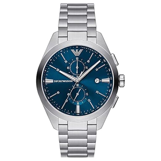 Emporio Armani Reloj para hombre Movimiento de cuarzo/crono Caja de 43 mm con correa de acero AR11541, Tono plateado y azul agua