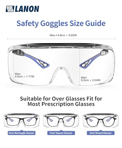 LANON Safety Glasses Over Glasses,ANSI Z87.1 Lenses with Anti-Fog & Scratch,Side Protection, High Transmission, Adjustable Protective Eyewear Goggles