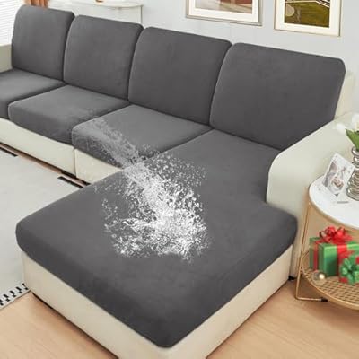 NAISI Waterproof Couch Cushion Covers Thick Velvet Fabric Washable Sofa Slipcovers Sectional Couch Covers for 3 Pieces Separate L Shape Couch Cover with Elastic Bottom(2 Seater + 1 Chaise,Grey)