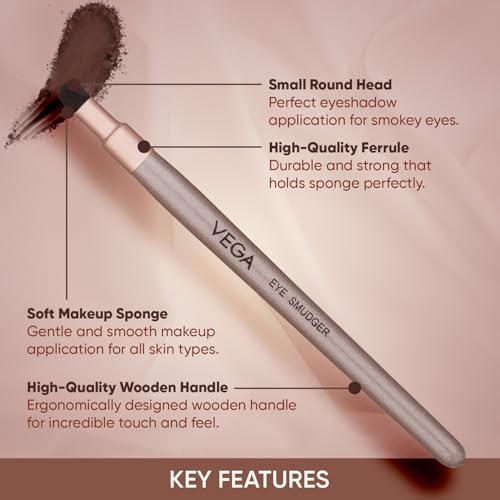 Image of VEGA Eye Smudger Brush with Soft Sponge for Smoky Eye, Blending Eyeshadow Brush, Rose Gold, Wood Handle, Sponge Bristles, 119mm, 4g