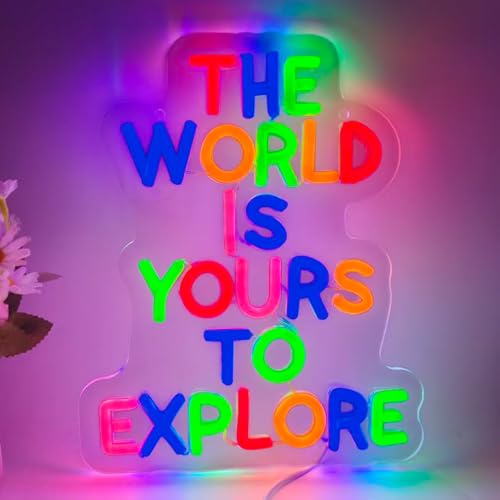 Image of The World Is Yours To Explore LED Neon Sign, Inspirational Travel Quote Neon Lights for Wall Decor, Classroom, Bedroom, Office, Study Room, Adventure, Party, Gifts for Travelers and Students