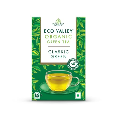 Image of Eco Valley Organic Green Tea - Classic Green- 25 Tea Bags | Boost Energy, Helps Burn Body Fat | Grown in Nilgiris | Zero Calories | Rich in Antioxidants | Good for Digestion | 50 g, Pack of 1
